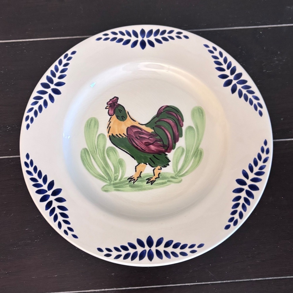 Williams-Sonoma Portugal Rooster Salad Plate Blue Leaf Border Ceramic 8.5‎ Inch